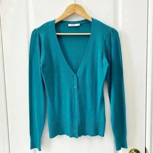 Ricki’s Cardigan V Neck Button Front Sweater Fitted Teal Green Size Small - Picture 4 of 16